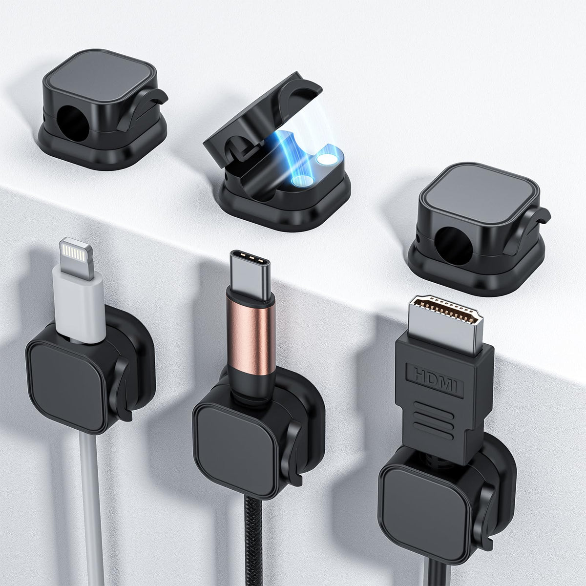 6 Pack Magnetic Cable Clips Adjustable Cable Management Cord Organizer Adhesive Wire Holder Keeper for Under Desk Home Office Phone Car Wall Nightstand (Black)