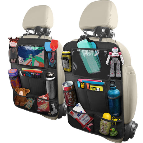 MOOKACO Backseat Car Organizer Kick Mats Back Seat Protector with 10 Tablet Holder Car Back Seat Organizer for Kids Car Travel Accessories 9 Storage Pockets Car Storage Organizer 2 Pack Black