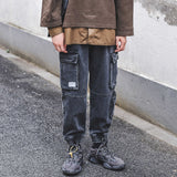 Distressed Denim Casual Cargo Pants with Drawstring