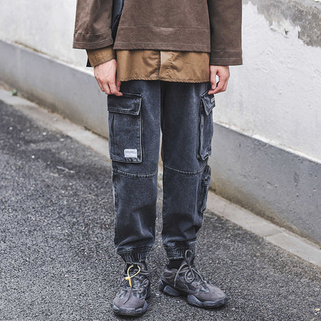 Distressed Denim Casual Cargo Pants with Drawstring