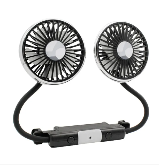 Car Double-Headed Seat Fan with Light and Flexible Hose - Black