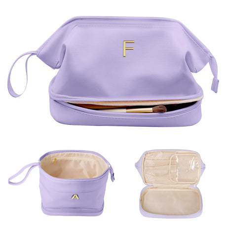 Vogewood Initial Makeup Bag Daughter Gifts Personalized Double Layer Cosmetic Bag with Makeup Brush Organizer Waterproof Large Capacity PU Leather Travel Toiletry Bag Cute Things for Girls