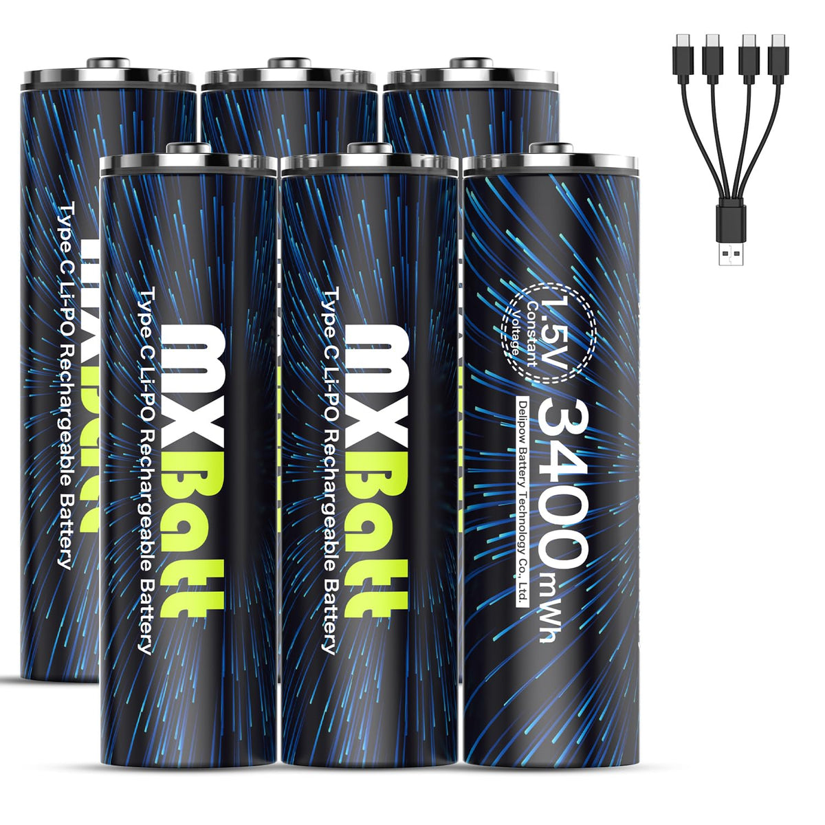 MXBatt USB AA Rechargeable Lithium Batteries 1.5V 3400mWh USB C 6 Packs with Cable 1500 Cycles for Cordless Phones Home Security Household Business Devices Electronics