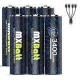 MXBatt USB AA Rechargeable Lithium Batteries 1.5V 3400mWh USB C 6 Packs with Cable 1500 Cycles for Cordless Phones Home Security Household Business Devices Electronics