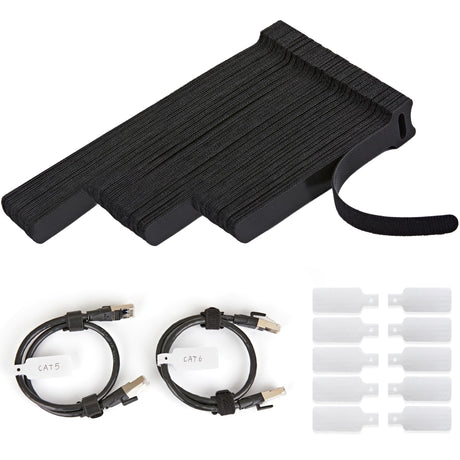70 PCS Reusable Cable Ties with Hook and Loop Multi-purpose Adjustable Cable Management Wire Ties & 10 PCS Cable Labels Cord Organizer for Home Office and Data Centers (4/6/8 Inch Black)