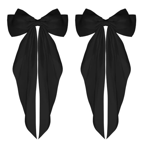 WLLHYF Big Bow Barrettes 2 Pieces Soft Silky Satin Hair Clip Long Tail French Ribbon Hair Pins Metal Bowknot Clips 90s Accessories for Party Valentines Day Women Girl (Black+Black)