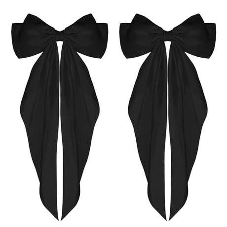 WLLHYF Big Bow Barrettes 2 Pieces Soft Silky Satin Hair Clip Long Tail French Ribbon Hair Pins Metal Bowknot Clips 90s Accessories for Party Valentines Day Women Girl (Black+Black)