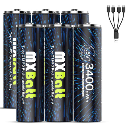 MXBatt USB AA Rechargeable Lithium Batteries 1.5V 3400mWh USB C 6 Packs with Cable 1500 Cycles for Cordless Phones Home Security Household Business Devices Electronics