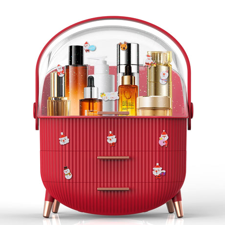 MASSY Egg Shape(Oval) Makeup Storage Box Countertop Portable Vanity Cosmetics Organizer Preppy Style (RED)