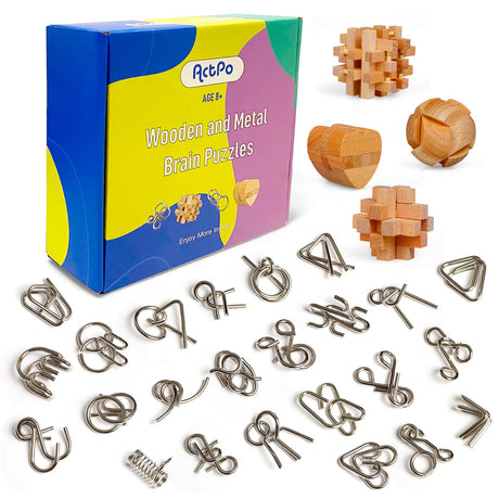 ActPo Brain Teaser Puzzles 28Pcs Unlock Interlock Game IQ Logic Test Wooden and Metal Puzzles Game 3D Puzzle Toy Brain Teaser for Kids and Adults Mind Educational Toy Travel Games