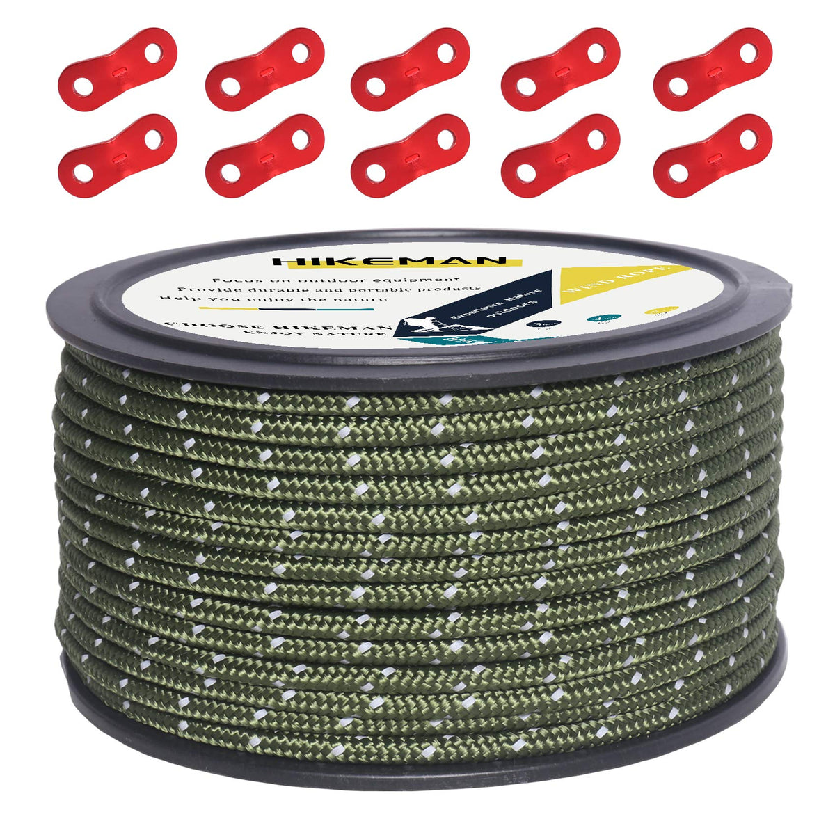Hikeman 50m Reflective Guyline Solid Braid Nylon Camping Rope with Aluminum Adjuster Cord Tensioner Tent Accessory for Outdoor TravelHikingBackpacking and Water Activities (Army Green 3mm)