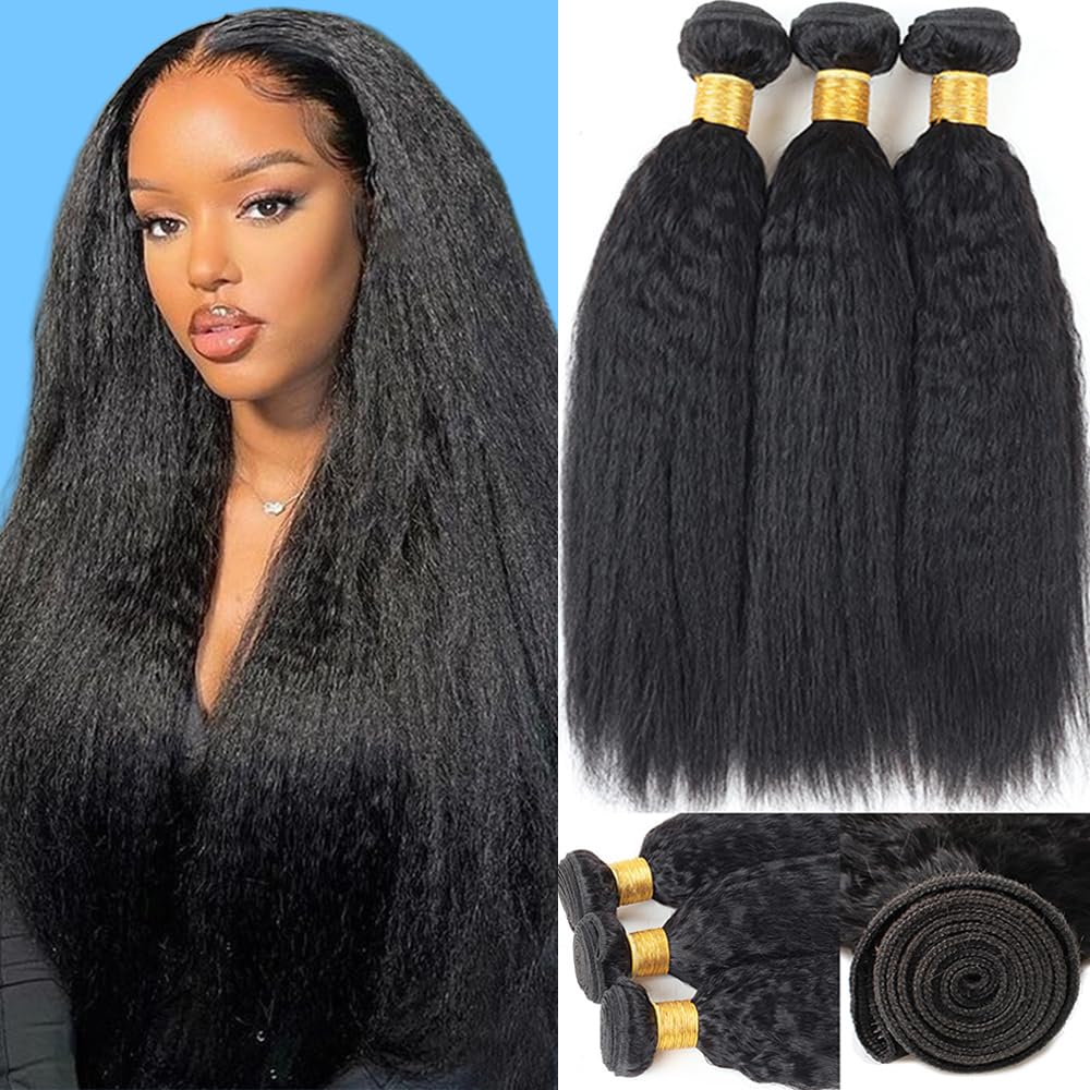 Kinky Straight Bundles 12A Yaki Straight Bundles Human Hair 16 18 20 Inch 100% Unprocessed Brazilian Virgin Hair Kinky straight Human Hair Bundles For Black Women (16 18 20 Inch)