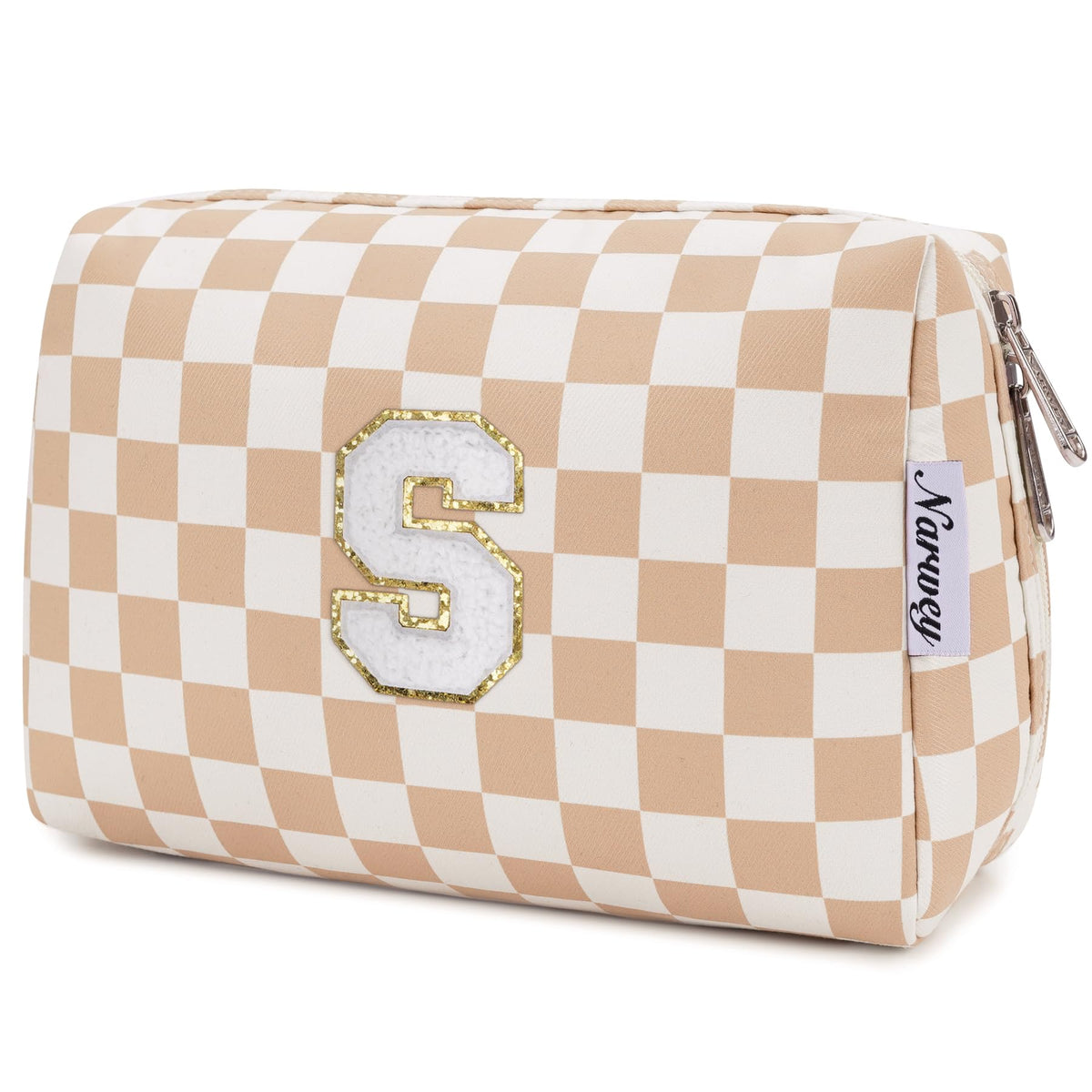 Narwey Personalized Initial Makeup Bag Toiletry Bag Gifts for Women Girls Large Checkered Makeup Bag Zipper Pouch Travel Cosmetic Bag Organizer for Women (Light Checkerboard Letter S)