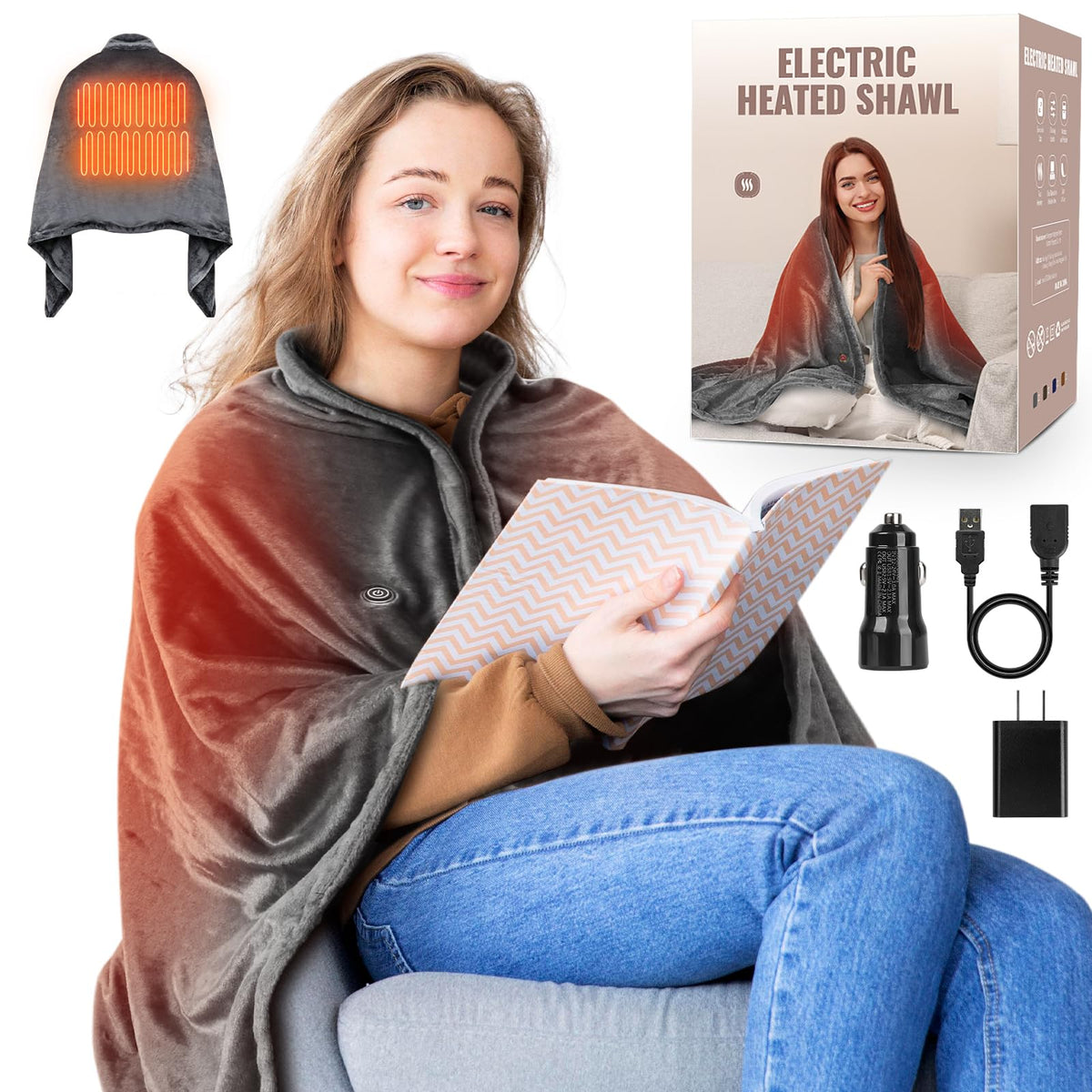 Qfun Portable USB Heated Blanket Shawl - Wearable Cordless Electric Heated Blanket for Outdoors 3 Heating Levels with Car Charger USB Operated Camping Heated Blanket Grey (Battery is Not Included)