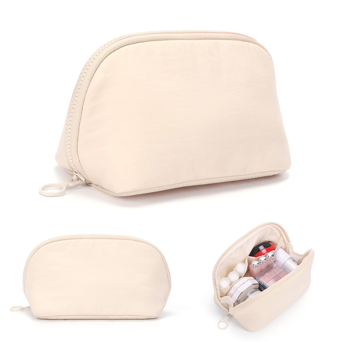 Small Makeup Bag Travel Toiletry Bag - Puffy Padded Make Up Bags for Women Cute Cosmetic Organizer Case with Wide-Open Quilted Pouch Purse for Essentials Accessories Brushes (Beige Small)