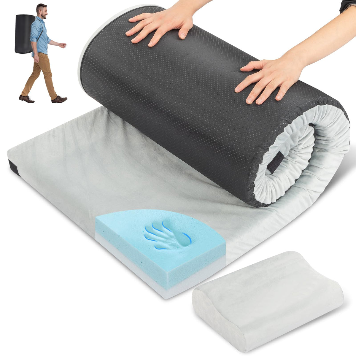 Outvita Sleeping Pad 3 inch Portable Camping Mat CertiPUR-US Memory Foam Camping Mattress Roll Up Floor Bed for Tent Cot Truck Car Outdoor Travel w/Portable Bag Pillow
