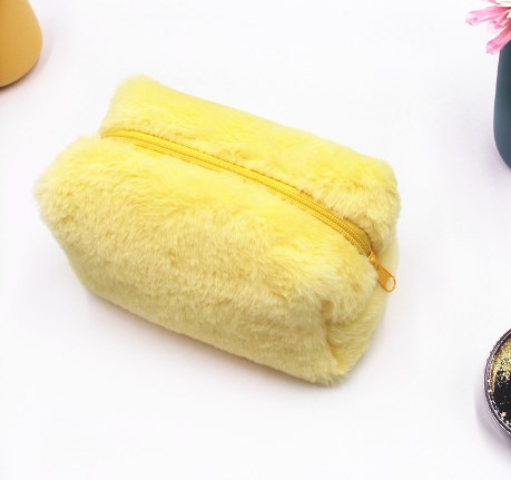 Solid Pink Plush Cosmetic Bag for Women - Travel Organizer