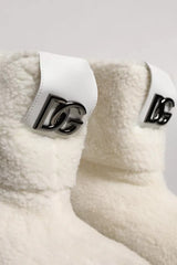 Dolce & Gabbana White Plush Logo Padded Mid Calf Boots Shoes