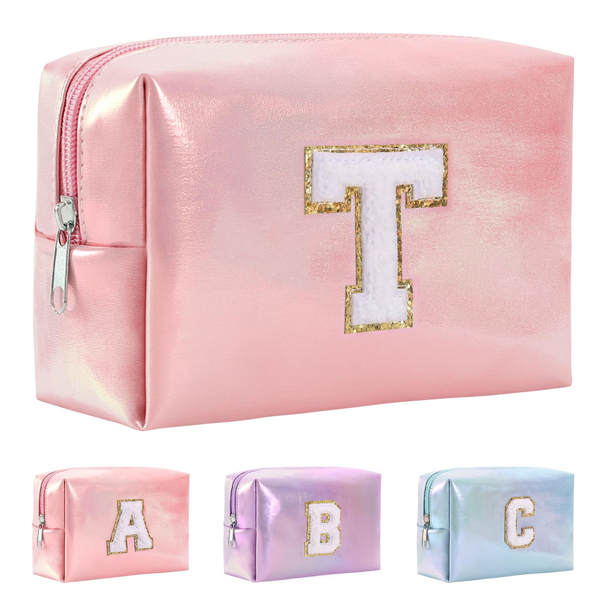 Hbhpov A-Z Personalized Initial Letter Makeup Bag OrganizerWaterproof PU Leather Chenille Letter Cosmetic Pouch Bag Travel Portable Toiletry BagGift Ideal for Teen Girls Women Birthday Friend Mom