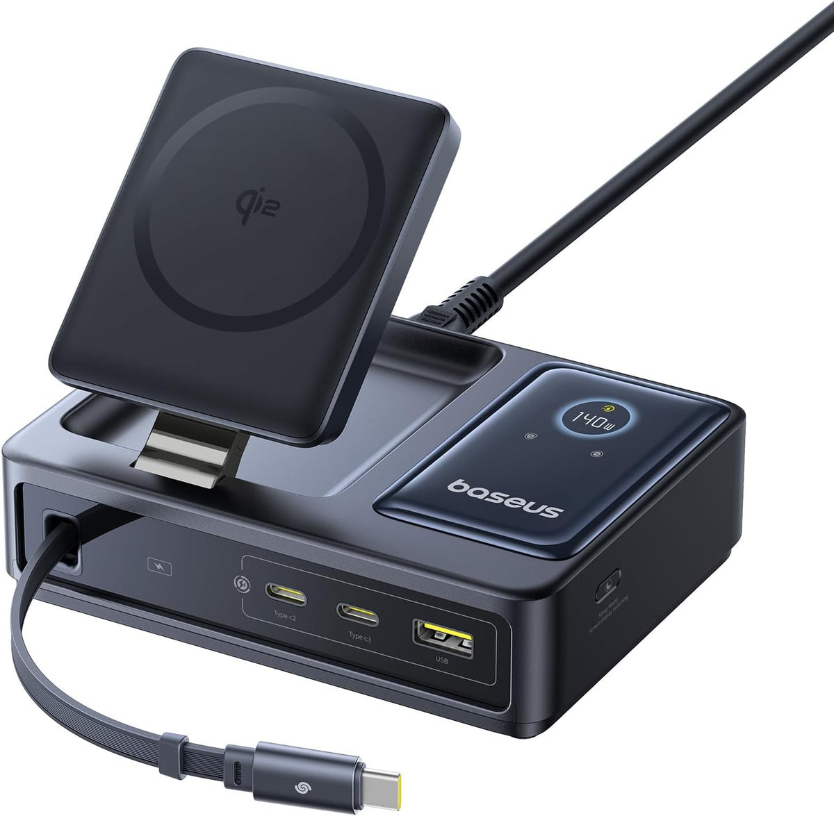 Baseus NOMOS 5in1 Desktop 140W Wired & Wireless Charger Qi2 3xUSBC+1A with LED Display UK Plug