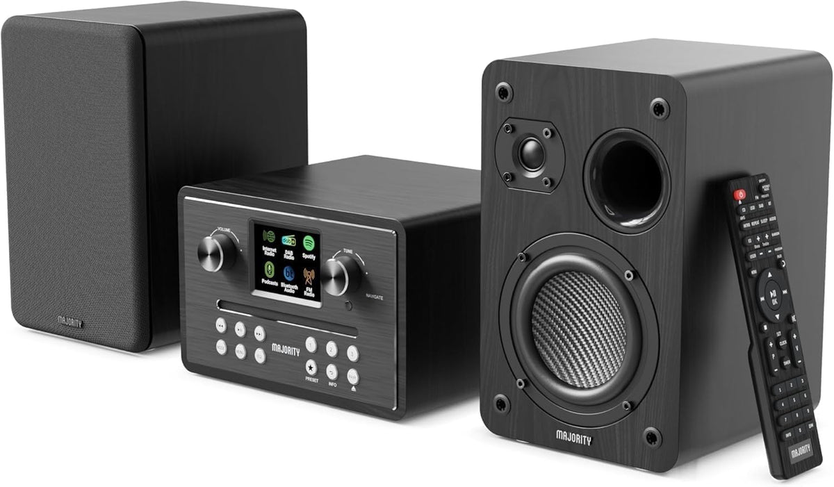 Majority HOMERTON Mini HiFi System with 2x60W Speakers, CD Player, Internet Radio, Bluetooth, FM Radio, USB Play & Charge