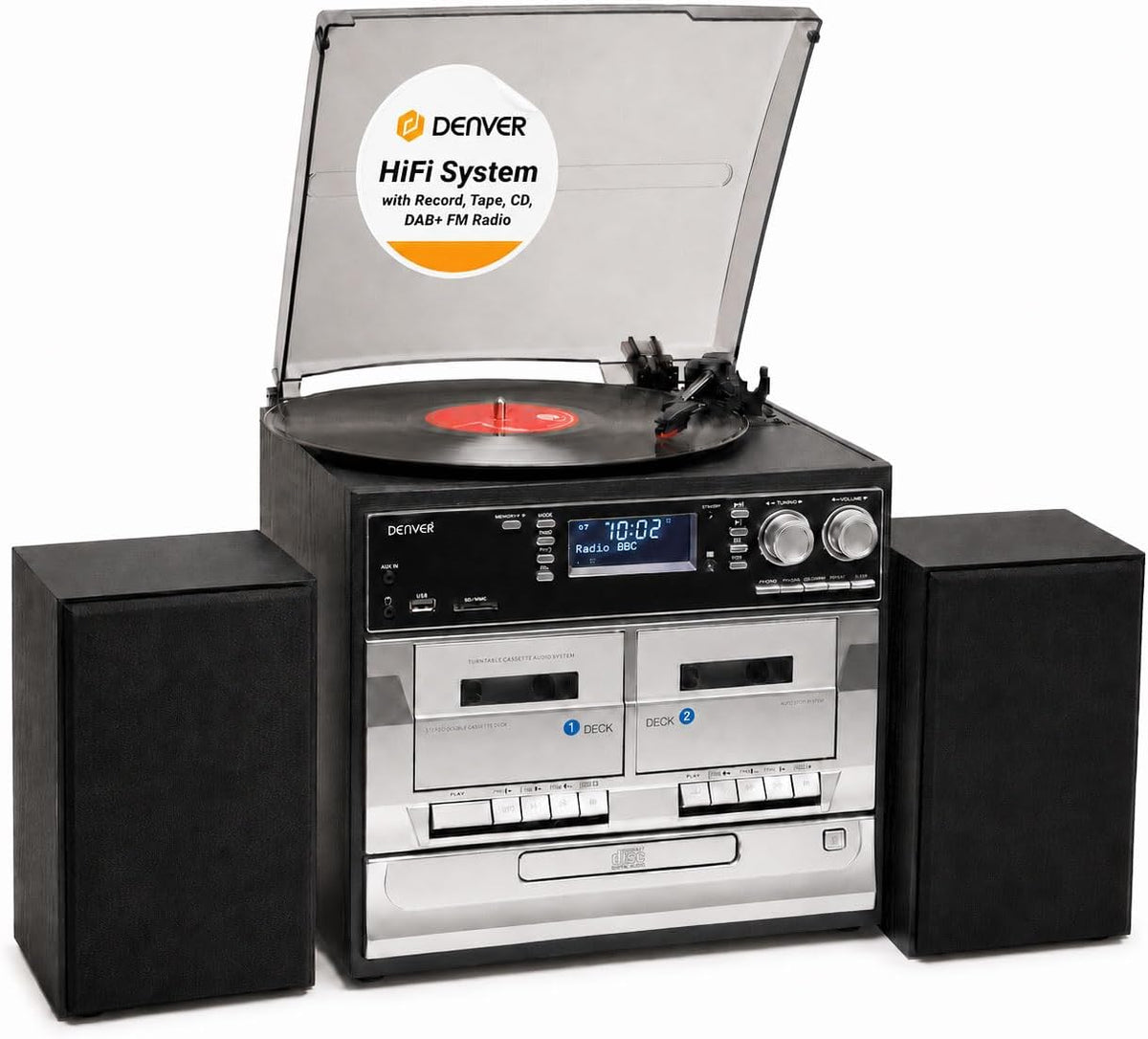 Denver MRD-166 Retro Music System with Turntable, CD, Cassette, FM, USB/SD & USB Recording