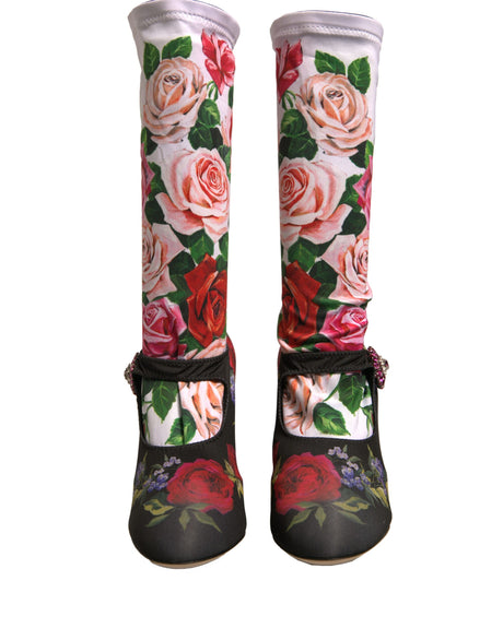 Dolce & Gabbana Black Floral Socks Crystal Boots Jersey Shoes