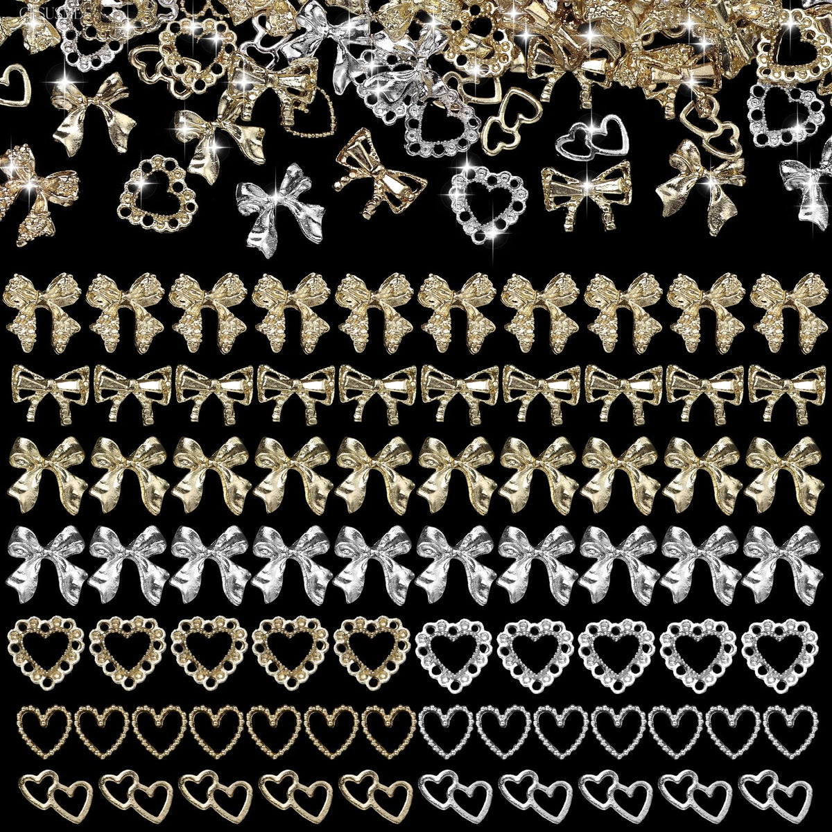 100 Pcs Valentine Day Heart Bow Nail Charms Gems Valentines Day Gold Sliver Alloy Heart Bow Tie Nail Art Charms Metal Heart Bowknot Nail Art Jewels Charms for Nails Art Design DIY Accessories