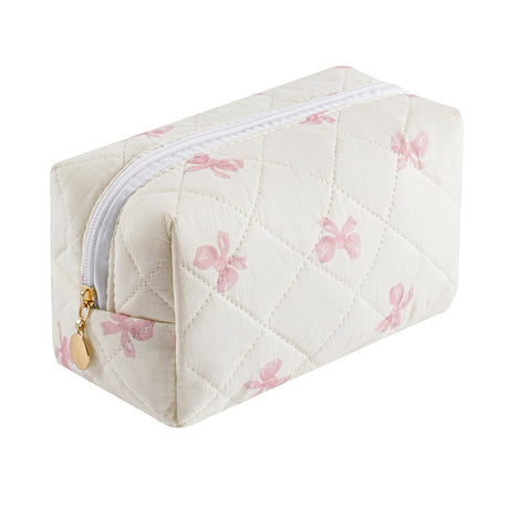 HHQQWZ Cute Floral Cotton Makeup Bag Quilted Makeup Bag for Women Girls Travel Floral Cosmetic Bag Zipper Make Up Pouch Flowers Toiletry Organizer Bag (Small Red Bowknot)