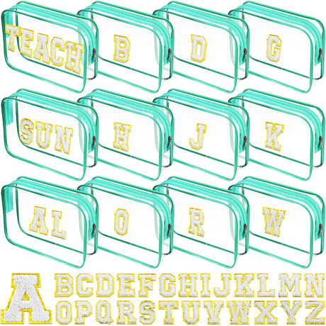 Huhumy 12 Personalized Initial A-Z Preppy Patch Clear Makeup Bag Initial Letter Bag Beach Travel Toiletry Cosmetic PVC Bag Chenille Sew Letter Patches Valentine DIY Bag(Green White Letters)