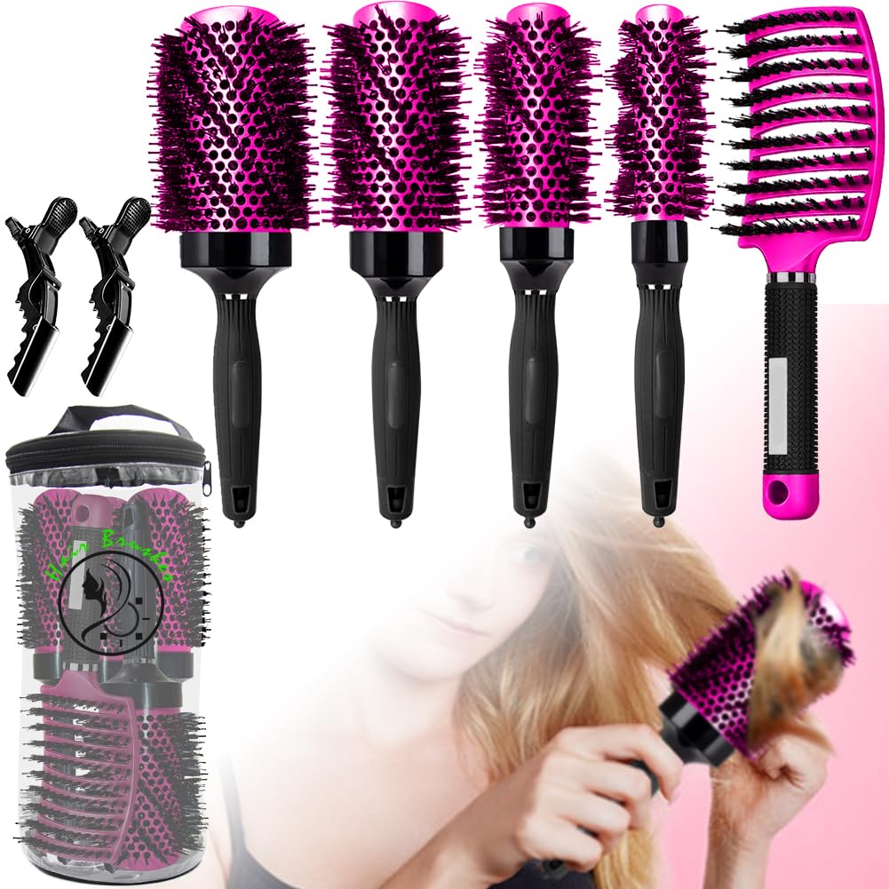 Aozzy 5pcs Round Brush Set for Blow Drying with Vented Curved Brush Professional Hair Styling Brush Reduce Frizz Hair Round Curling Brush Boar Bristle Round Hair Brush for Women