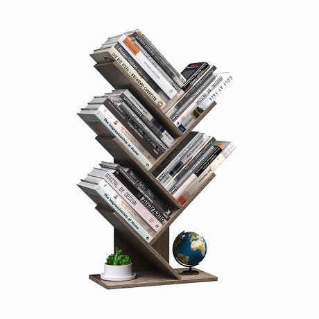 R RUISHENG 5 Tier Small Tree Bookshelf Desk Book Organizer Narrow Bookcases for Books Magazines CDs Free Standing Retro Wooden Storage Shelves for Home Office Bedroom Living Room Oak Grey