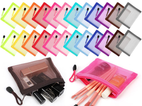 Jexine 24 Pcs Mini Zipper Mesh Bags Lipstick Cosmetic Accessories Organizer Nylon Makeup Zipper Pouch Small Cosmetic Bag for Purse Beauty Mesh Travel Bags for Women(Bright Color 5 x 4 Inch)