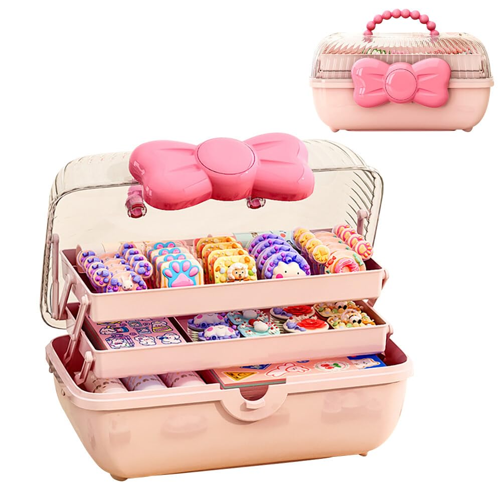 Thcbme Cute Girls Hair Accessories Storage Box Bow Switch Organizer Box Jewelry Box Plastic Hair Ties Holder Hair Clips Container Storage Box for Home School Office(Pink)