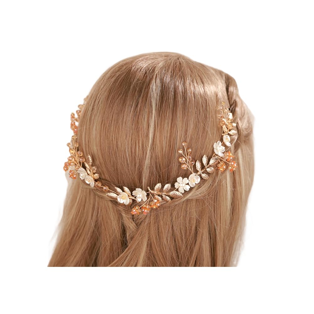 Aimimier Boho Bridal Flower Leaf Headband Crystal Pearl Hair Vine Handmade Wedding Bridesmaid Headpiece Party Festival Hair Accessories for Women and Girls(Gold)