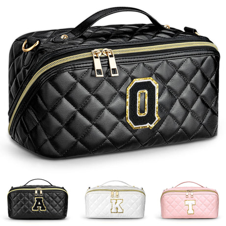 TOPEAST Gifts for Friends Female Mom Initial Makeup Bags Quilted Open Flat Cosmetic Bag Chenille Letter Makeup Pouch Organizer Waterproof Makeup Toiletry Bags with Strap for Women Traveling Q