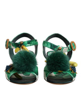 Dolce & Gabbana Green Crystal Fur Embellished Sandals Shoes