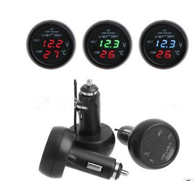 3-in-1 USB Car Charger with Digital Voltage & Temp Display