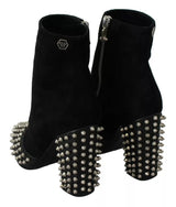 Philipp Plein Black Suede Studded Heels Ankle Boots Shoes