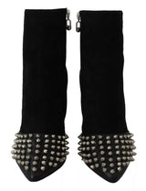 Philipp Plein Black Suede Studded Heels Ankle Boots Shoes