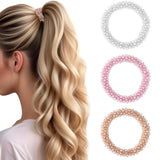 Mabor 3Pcs Rhinestone Hair Ties High Ponytail Holder Bling Elastic Fancy Beaded Hair Ties Decorative Glitter Pretty Hair Scrunchie Stretchy Hair Accessories for Women Girls