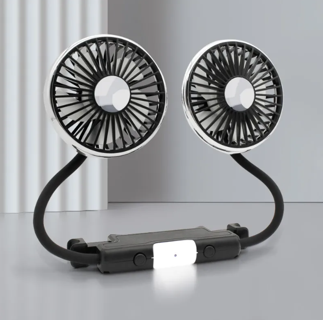 Car Double-Headed Seat Fan with Light and Flexible Hose - Black