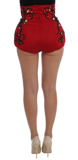 Dolce & Gabbana Red Silk Crystal-Embellished Mini Shorts