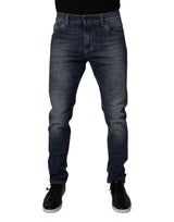 Dolce & Gabbana Dark Blue Cotton Leather Skinny Denim Jeans