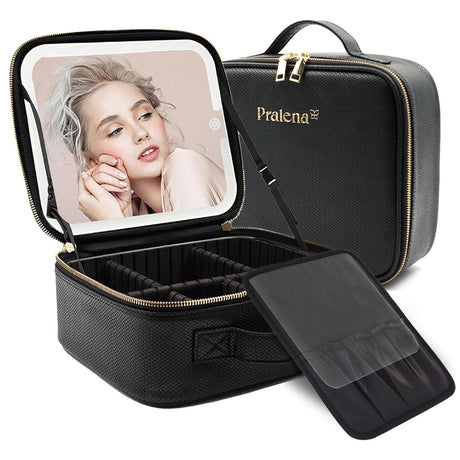 PRALENA Travel Makeup Bag with LED Lighted Mirror Adjustable Brightness in 3 Colors Portable Makeup Case with Dividers Cosmetic Organizer for Beauty Artists Perfect for Travel & HomeBlack