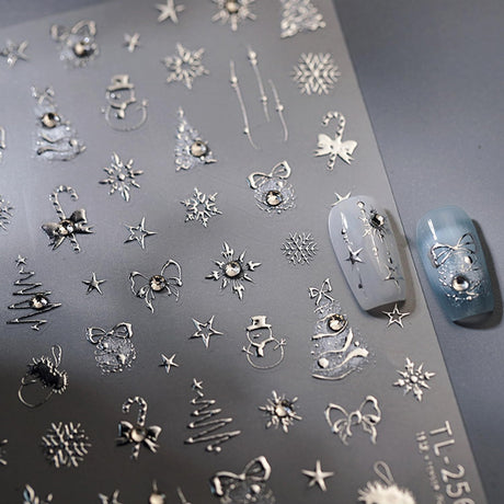 Christmas Nail Art Stickers Silver Xmas Nail Decals 5D Embossed Nail Design Christmas Tree Snowflake Nail Stickers Self Adhesive Nail Art Decals Winter Nail Supplies for Women Nail Decorations