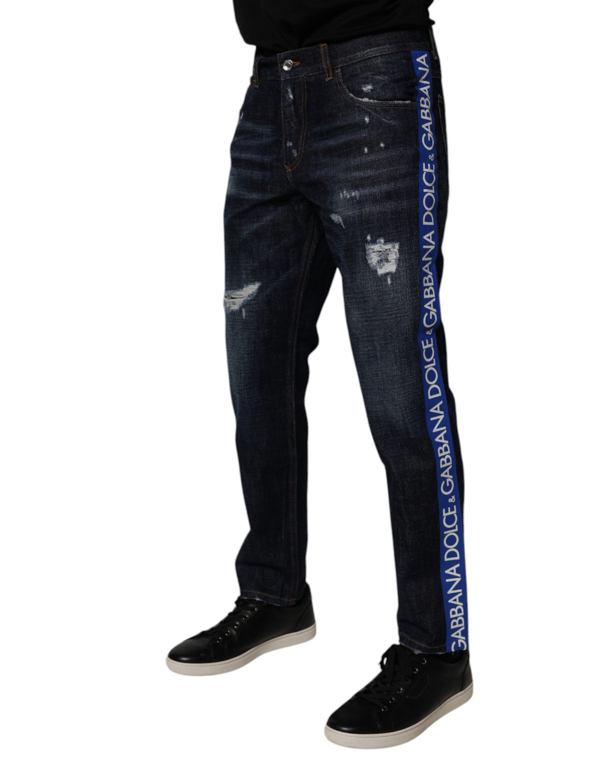 Dolce & Gabbana Dark Blue Cotton Tattered Skinny Denim Jeans