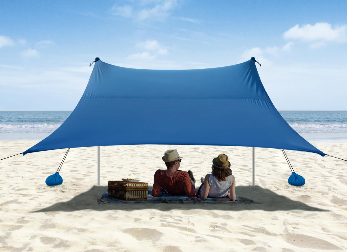 Beach Tent Camping Sun Shelter 10 x 10ft with 4 Sandbags UPF50+ Includes Sand Shovel Ground Pegs & Stability Poles Pop Up Beach Canopy Sunshade for Fishing Backyard Fun or Picnics