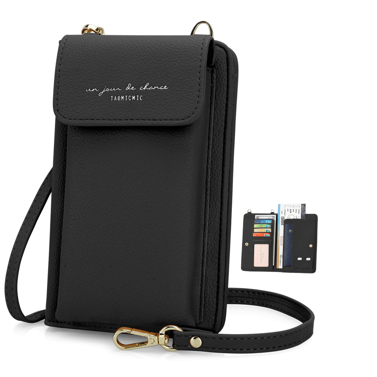 DOB SECHS Leather Passport Wallet Crossbody Phone Bag RFID Blocking Passport Holder Credit Cards Case for Women Cross Body Travel Accessories Organizer Pouch Bag with Adjustable Strap Black