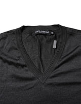 Dolce & Gabbana Dark Gray Silk V-neck Short Sleeves T-shirt